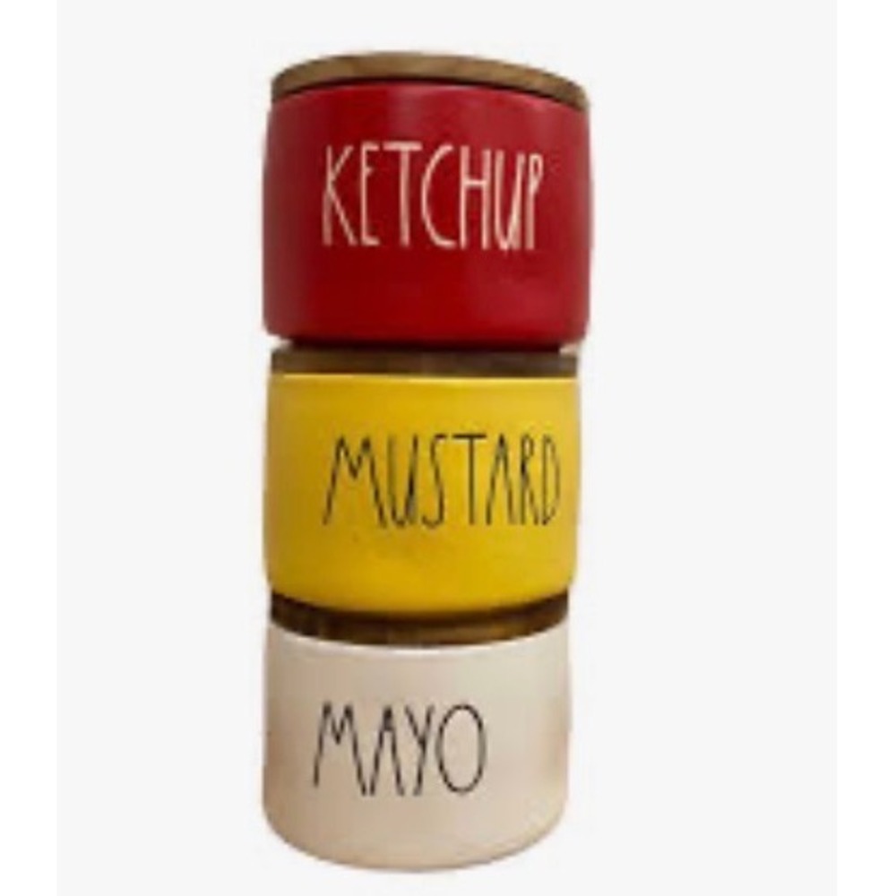 Rae Dunn Condiment Cellar Ketchup Mustard Mayo Ceramic Wood Lids 3pc Stackable